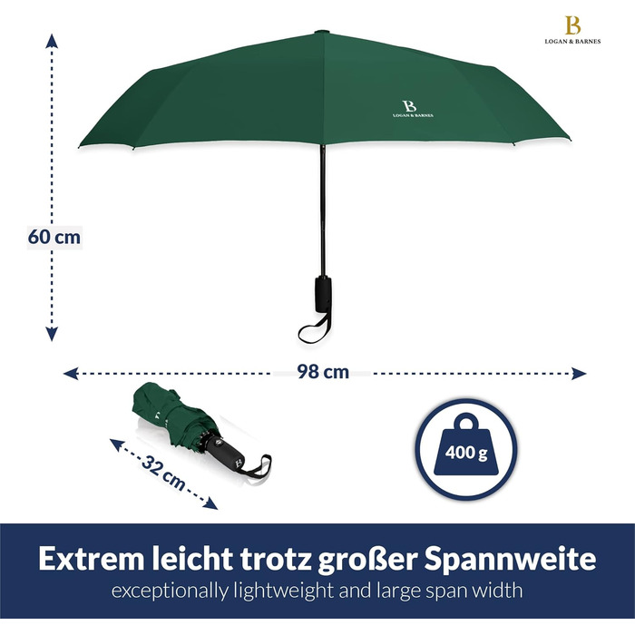 Чоловічий парасолька LOGAN & BARNES Boston: штормостійкий, з тефлоновим покриттям, темно-зелений