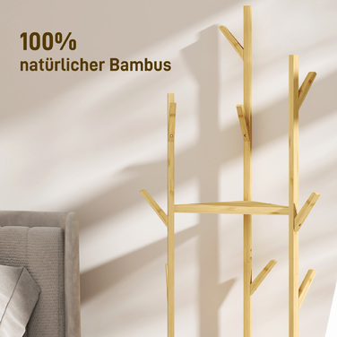 HOMCOM Coat Rack, Clothes Rack with 8 Hooks, 3 Tiers, Jacket Stand for Hats, Clothing, Entrance, Hallway, 45 x 45 x 170 cm, Bamboo, Natural | Aosom