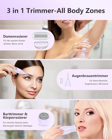 Електричний жіночий тример 3-в-1 для тіла, обличчя, Bikinizone, ніг, USB-зарядка, водонепроникний IPX7, білий (фіолетовий)