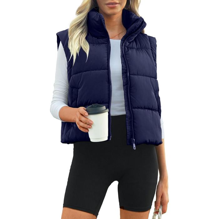 Жіноча укорочена пуховая жилетка Polu, безрукавка, комір-стійка, з утеплювачем, зимова, легка, об'ємна (XL, темно-синій)