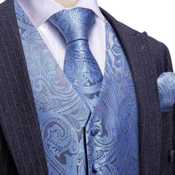 Костюмний жилет Barry.Wang чоловічий, 5-ти частинний комплект з краваткою та нагрудником, блакитний з чорним квітковим візерунком, Jacquard, шовк, 3XL