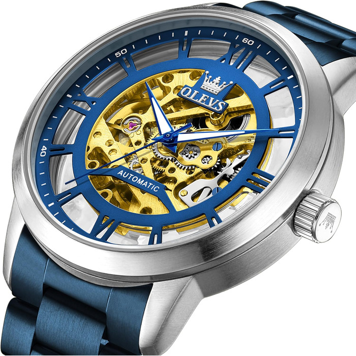 Чоловічий механічний годинник OLEVS з автопідзаводом Tourbillon, люксовий водонепроникний годинник зі сталевим ремінцем та підсвічуванням (синій циферблат та ремінець, 6728)