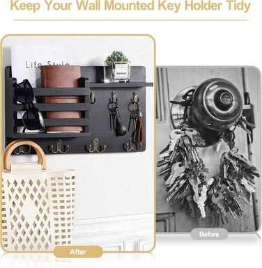 Настінна вішалка для ключів з дерев'яною поштою та полицею, ключниця на стіну, дерев'яне ключове тримач, 4 гачки, рустикальний декор для входу, передпокою, офісу, чорний