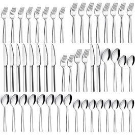 12-Piece Cutlery Set, 60-Piece Stainless Steel Cutlery Set, Eating Utensil Set with Knife, Fork, and Spoon, Stainless Steel Cutlery for Family/Party/Restaurant, High-Gloss Polished & Dishwasher Safe