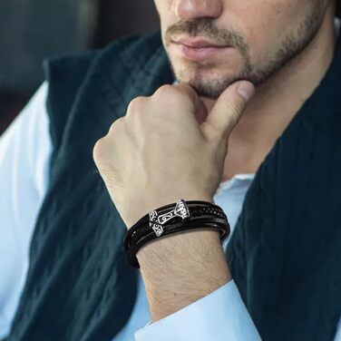 Чоловічий браслет Flongo з плетеного шкіряного шнура, стилізований під молот Тора (Муліньер), регульований, з пряжкою, амулет, подарунок для чоловіків