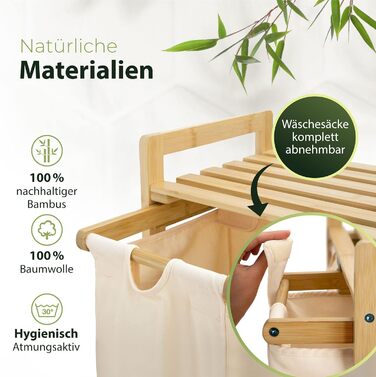 AMBIAVO® Laundry Hamper Beige – Laundry Basket with 3 Compartments and Shelf, 90L – Bamboo Laundry Sorter & Dirty Laundry Container – Laundry Basket with Shelf – Laundry Sorting System for Order in Your Household