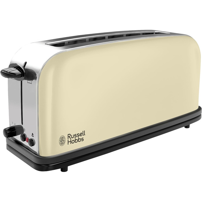 Тостер Russell Hobbs Colours+ з широким слотом, 2 скибки, нержавіюча сталь, кремовий, 1000 Вт, підставка для булочок, 6 режимів підсмажування, функція розморожування