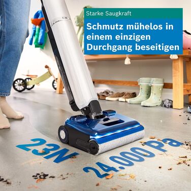 Акумуляторний пилосос для сухого та вологого прибирання Bosch BHF41WS з функцією миття підлоги, системою двох баків, LED-підсвіткою та потужністю всмоктування 24 000 Па