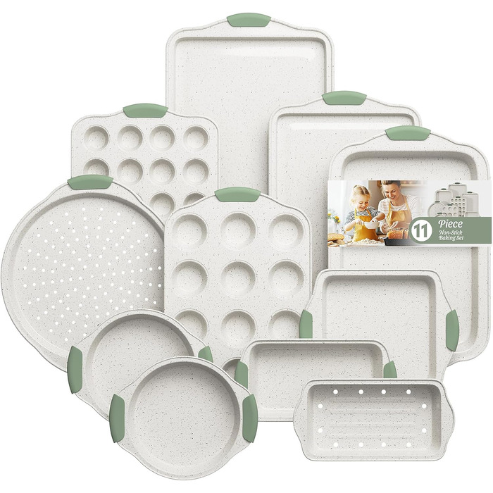 Набір для випічки 11 предметів: антипригарний посуд, форми для пирогів, кексів, піци, хліба (білий & зелений)