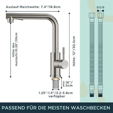 Змішувач кухонний FORIOUS з висувною лійкою та душем, 360° обертання, 2 режими, нержавіюча сталь