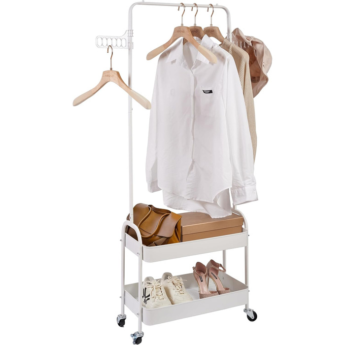 Metal Clothes Rack with 2 Shelves and Clothes Rail on Wheels - Wardrobe Stand for Bedroom, Living Room, Hallway, Home, and Office - White