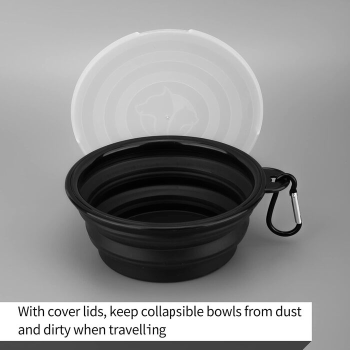 Складані годівниці для собак SLSON, 2 шт., з кришкою та карабінами, для прогулянок, подорожей та повсякденного використання, чорний, маленькі