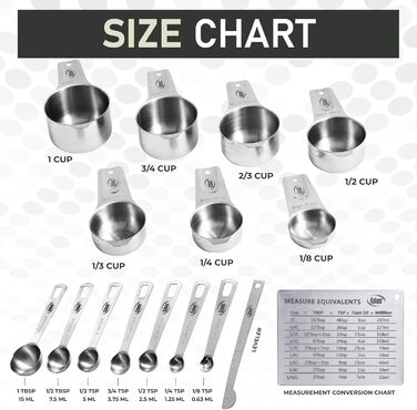 Kaluns Stainless Steel Measuring Cups and Spoons, 16-Piece Measuring Cup and Spoon Set including Leveler and Measuring Card, Durable, Heat and Rust Resistant