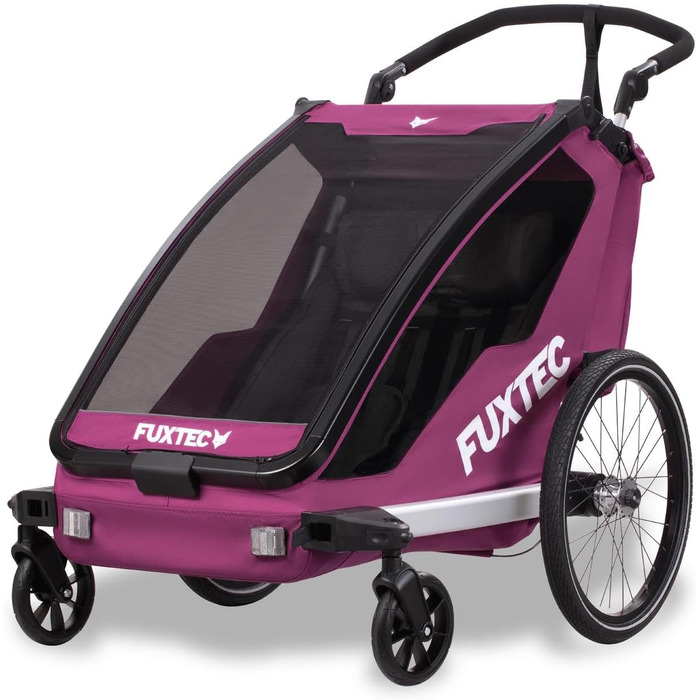 Фуктек Причіп для велосипеда Sportfux на 2 місця, з сумкою, світловідбивачами, ручкою-штовхачем, захистом від дощу та сонця, складний, фіолетовий FX-FA1