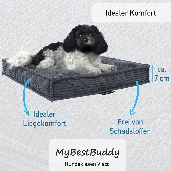 MyBestBuddy Visco Dog Bed Grey 70x50 cm M with POSO-Cord Fabric with Visco Foam and Comfort Foam Flakes, 40°C Washable - Dog Bed/Pet Bed for Small Dogs, 70 x 50 cm