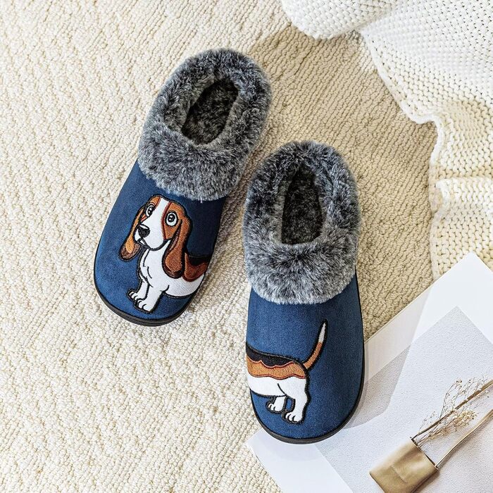 Тапочки домашні жіночі чоловічі з вишивкою у вигляді милого собаки, теплі, з плюшевою підкладкою, зимові, синього кольору (46/47 EU)
