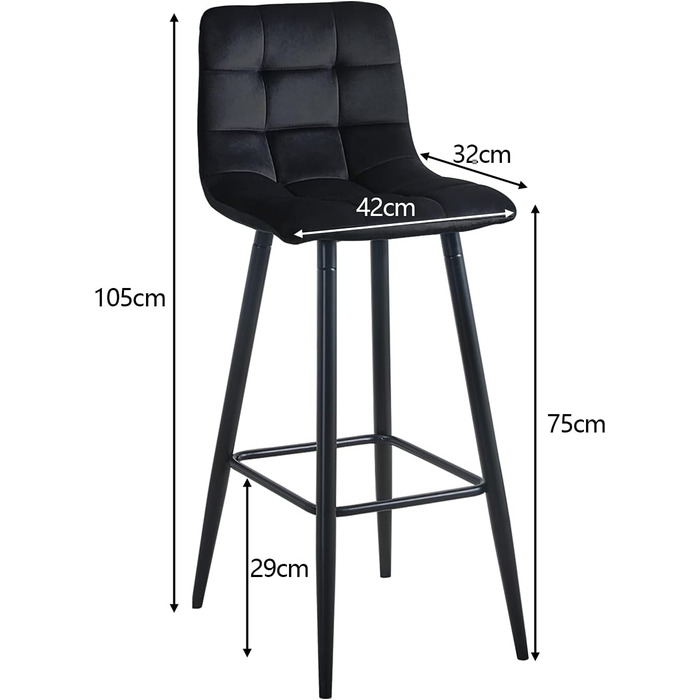 Velvet Bar Stools Set of 2 with Backrest - 66cm Seat Height - Black Kitchen Bar Stools for Countertops