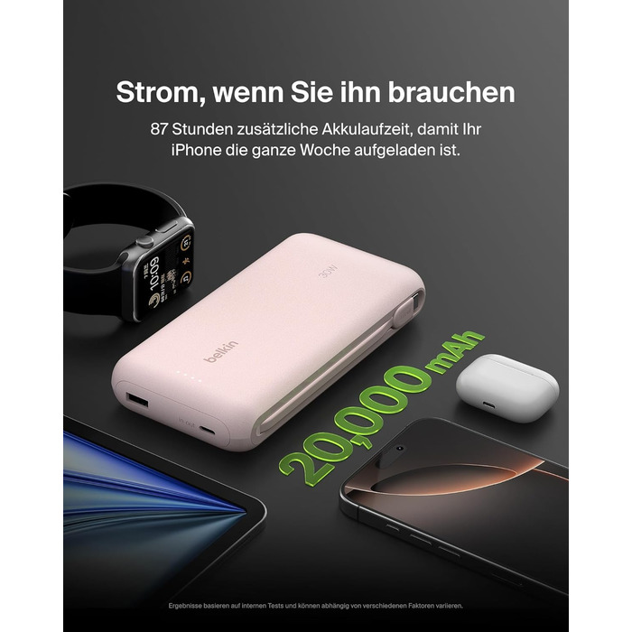 Повербанк Belkin Portable Powerbank 20000 mAh з вбудованим кабелем USB-C, швидка зарядка PD 30W для iPhone 16, iPad Pro, Samsung Galaxy S25, рожевий