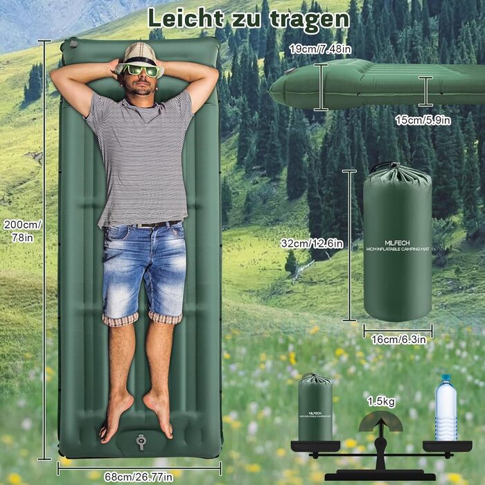 MILFECH Килимок для кемпінгу самонадувний, 14 см, з інтегрованими подушками та насосом для ніг, ультралегкий, водонепроникний, для відпочинку на природі, туризму, зелений