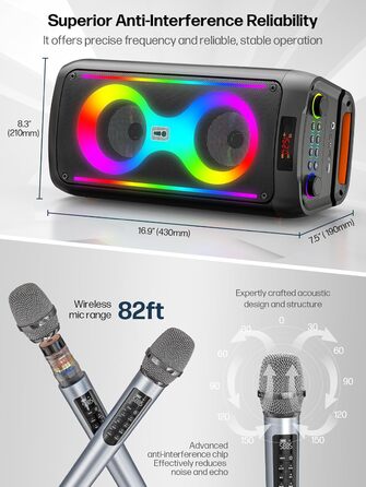 Портативна караоке-машина з Bluetooth, 2 мікрофонами, світлодіодним підсвічуванням та підтримкою USB/TF/Rec/FM/AUX