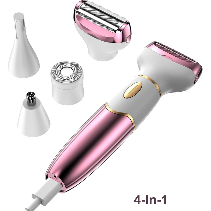 Електричний жіночий тример 4-в-1 з цифровим дисплеєм – для обличчя, ніг, під пахвами та інтимної зони, водонепроникний IPX7, USB-зарядка, рожевий