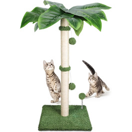 Kratzbaum, 80cm High Scratching Post, Cat Tree, Scratching Trunk for Medium and Small Cats, Natural Sisal Scratching Post with Interactive Plush Ball, Beige (Palm Style Scratching Trunk - Green Square)