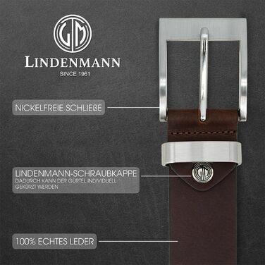 Чоловічий шкіряний ремінь Lindenmann, 40 мм, повноецінна шкіра, темно-коричневий, розмір 105 см, довжина 120 см