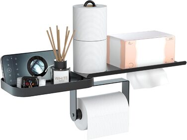 Настінний тримач для туалетного паперу з полицею, багатофункціональний, обертовий, з нержавіючої сталі, чорний мат. Підходить для ванної кімнати, кухні та пральні.