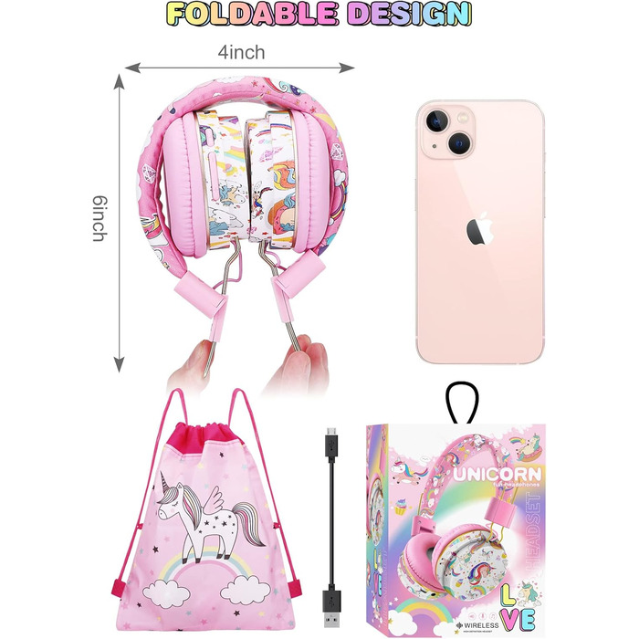 Дитячі навушники JYPS бездротові Over-Ear з мікрофоном для школи та планшету (3-10 років) (рожеві)