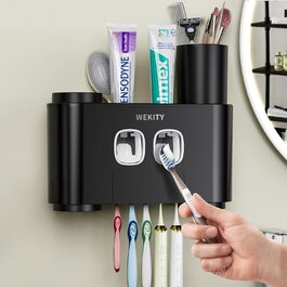 WREWING Toothbrush Holder, multifunctional, wall-mounted, automatic toothpaste dispenser & dust-proof toothbrush holder with 5 brush slots, 4 cups, 2 automatic toothpaste dispensers, 1