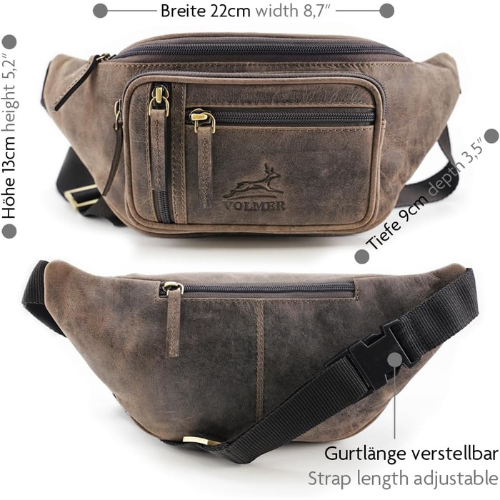 Чоловіча та жіноча поясна сумка Volmer Palma з натуральної шкіри (колір: коричневий, ефект потертостей) | Регульований ремінь до 130 см