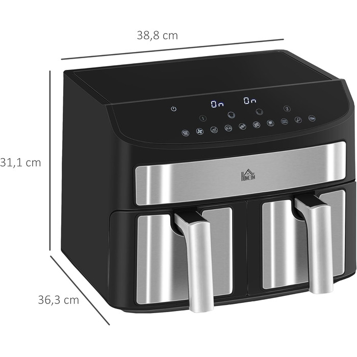 HOMCOM 8L Hot Air Fryer with Double Chamber, Air Fryer with 10 Programs, 2400W Air Fryer with Touchscreen, Recipe Book, Oil-Free, Black