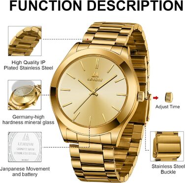 Годинник чоловічий LENQIN з нержавіючої сталі, аналоговий кварцовий годинник, водостійкий (30м), для бізнесу та повсякденного носіння, колір: золото