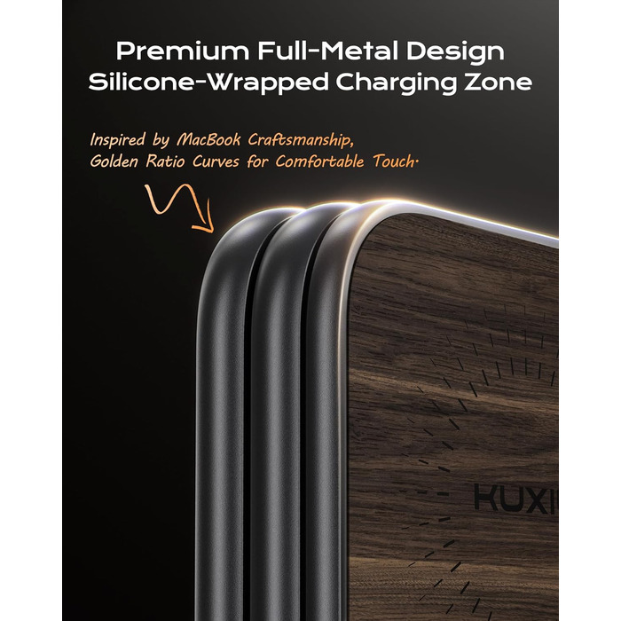 Бездротова зарядна станція KU XIU X40 Turbo Qi2.2 25W 3-в-1 для iPhone 17/16/15/14/13/12, Apple Watch, AirPods. Алюмінієвий адаптер GaN 45W, дерев'яна текстура