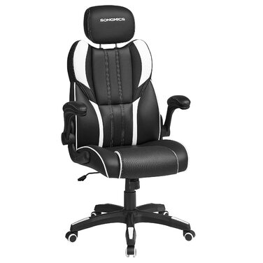 Крісло офісне SONGMICS, геймінгове, регульована підголовник, функція гойдання, регульовані підлокітники, універсальні ролики, регулювання висоти, OBG65BK (чорно-біле)