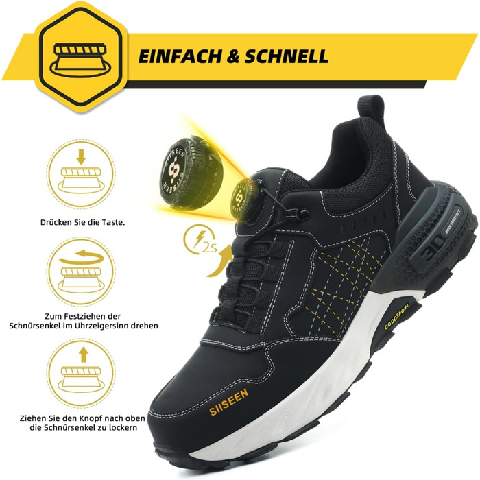 Черевики робочі чоловічі з металевим носком, легкі, дихаючі та міцні, з Clickers та захистом від проколів, неслизька підошва – взуття для професій та будівництва, 44 EU, чорний