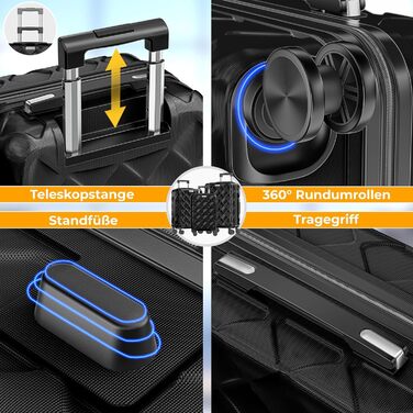 Набір валіз KESSER® 3 шт. | Валізи з ABS-пластику з кодовим замком, вагова валіза та органайзер для подорожей, 360° колеса | Ручна поклажа та великі валізи для бізнесу та подорожей (Чорний)