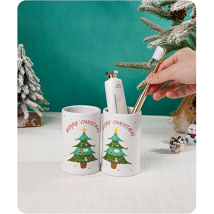 4-Piece Ceramic Bathroom Set, Artistic Line Face Bathroom Accessories Set with Soap Dispenser, Toothbrush Holder, Cup, Soap Dish, Abstract Bathroom Set for Decor, Cream (Christmas Tree)
