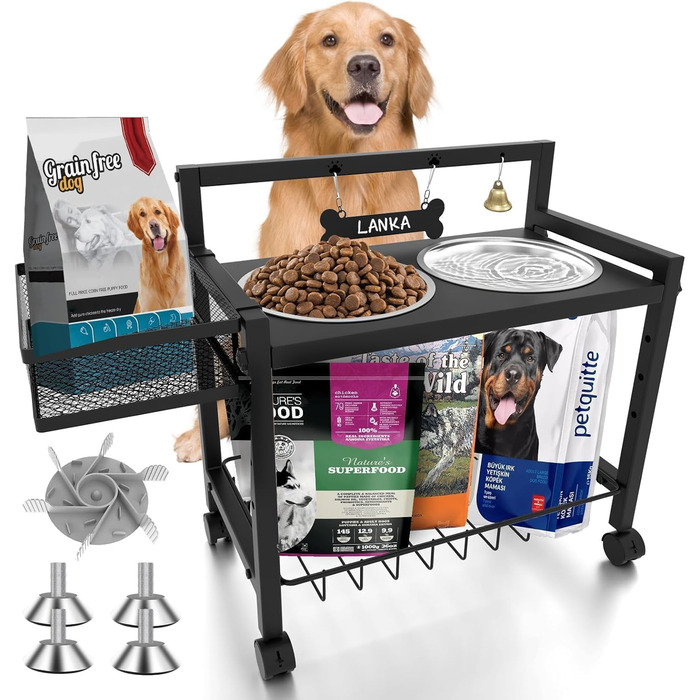 Підвищені годівниці для собак Angeloyang з колесами, з нержавіючої сталі, регульовані, 8 рівнів висоти, 16-36 см, для середніх та великих собак, з повільним дозатором корму та мисками з нержавіючої сталі, з можливістю зберігання та колесами