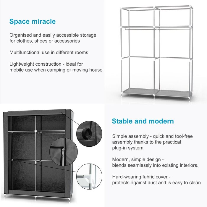 Folding Wardrobe 108x45x170 cm in GRAY - Fabric Clothes Closet with Zipper and Clothes Rail, Side Pocket and Compartments - Shelving Unit, Metal Frame, Storage