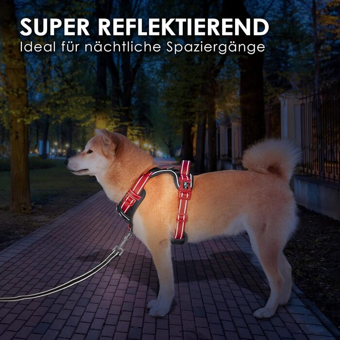 Шлейка для собак PHOEPET Anti-Zug з відбиваючими елементами, регульована, для цуценят та собак різних розмірів (S, чорна база & червоні ремінці)