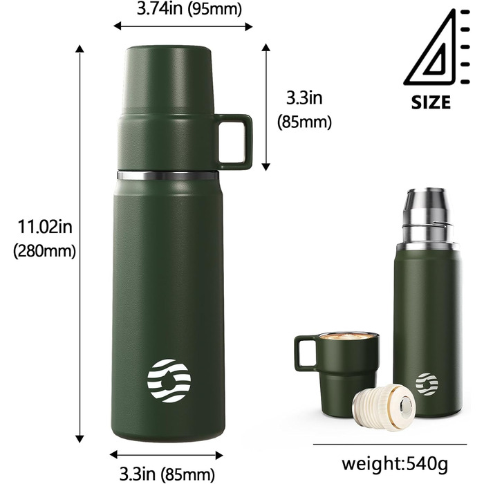 Термокружка-термос 850 мл з чашкою, нержавіюча сталь, з ізоляцією, для напоїв, 12 годин теплий/24 години холодний, без BPA, для відпочинку на природі, кемпінгу (зелений)
