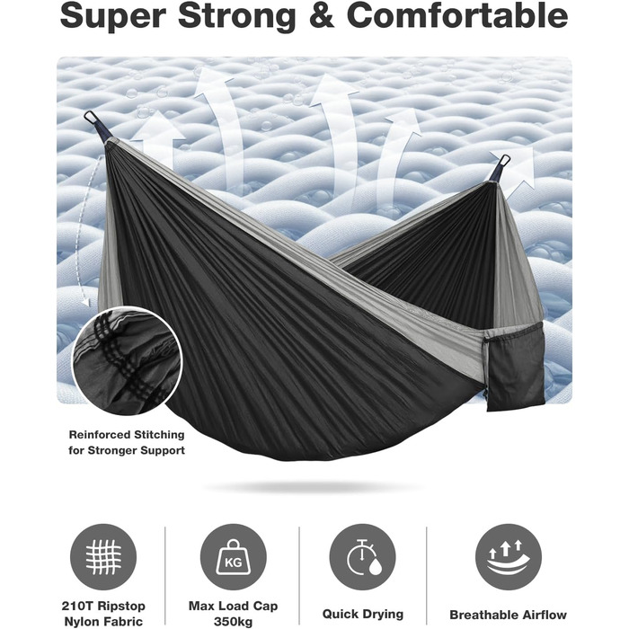 Гамак дорожній Camping 295x140 см, вантажність 350 кг, з карабінами та ременями, чорно-сірий