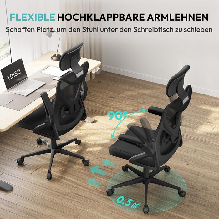 Офісне крісло Yaheetech ергономічне, з підйомними підлокітниками, регульованою підголівником, функцією гойдання, чорне, до 136 кг