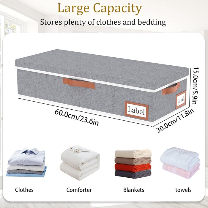 Yawinhe 2 Pack Under Bed Storage Box, Storage with Lid, Foldable Storage Bag with Handle Grips, for Bedspreads, Blankets, Clothes, 60x30x15cm, (60x30x15cm/1-Pack, Grey)