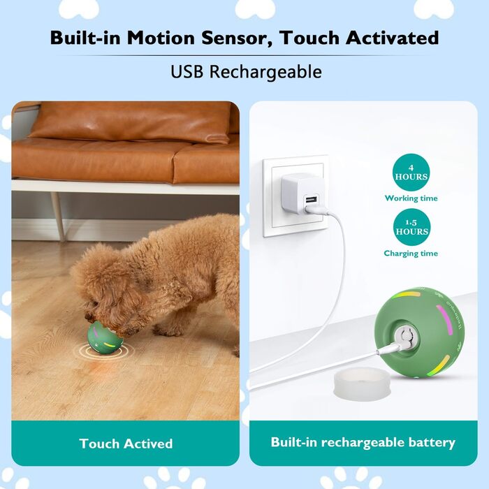 Interactive Dog Ball Toy, Durable Automatic Rolling Ball for Puppies/Small/Medium Dogs, USB Rechargeable (Green)
