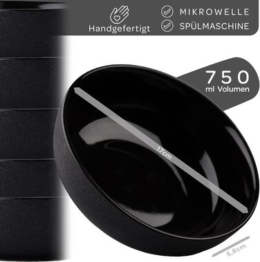 Stone Age Design Bowl Set (6 x 750ml, black) - Extra Large Soup Bowls - Dishwasher-Safe Soup Bowl - Bowl - Cereal Bowl - Salad Bowl Ceramic - Large Cereal Bowl