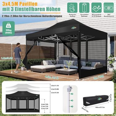 COBIZI Pavilion 3x3m Foldable, Waterproof & Winter-Proof – Stable Garden Tent with 23mm Steel Tube, UV50+ and Mosquito Nets for Camping/Parties + Carry Bag (Black, 3mx4.5m)