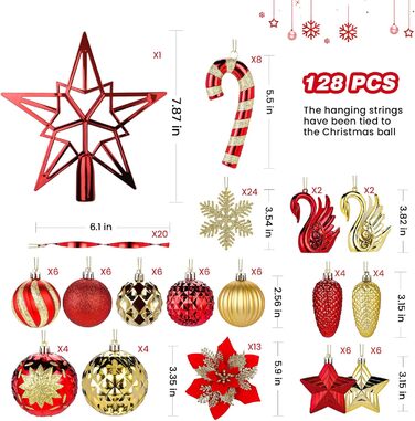 Набір прикрас на ялинку Alupssuc 128 шт. (кулі, квіти, орнаменти) - червоний та золотий, для свят, вечірок