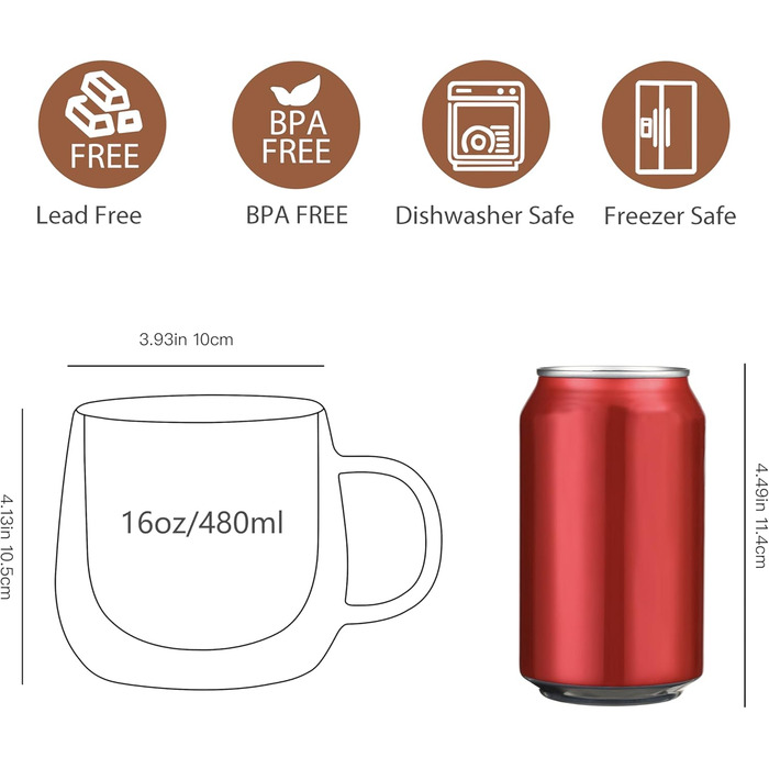 CNGLASS Набір з 2 термосклянок для кави 480мл з ручкою, 16oz, для лате макіато, капучино, молока, чаю